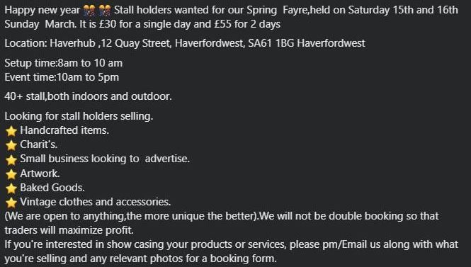 The post which encourages bookings for a Spring Fayre, is a scam, according to the venue HaverHub.