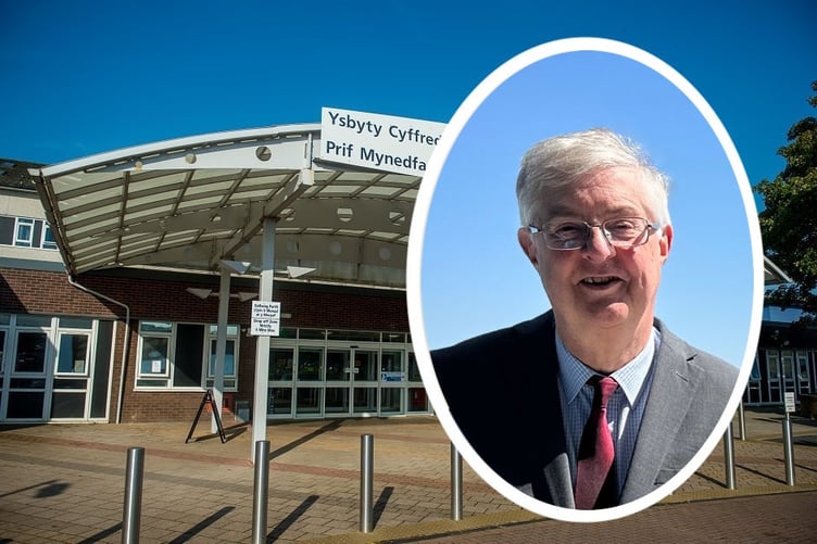 Mark Drakeford (inset) and picture of Withybush Hospital, Haverfordwest