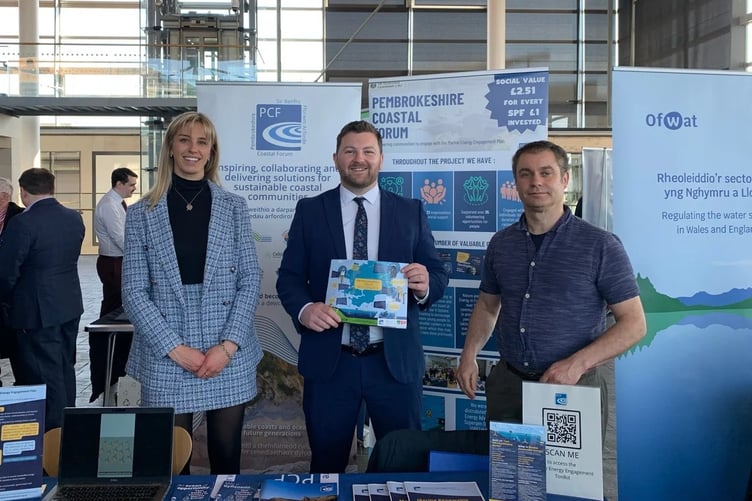 Holly Skyrme and Tim Brew (Pembrokeshire Coastal Forum), Sam Kurtz (Conservative MS for Carmarthen West and South Pembrokeshire) at Y Farchnad, Senedd Cymru
