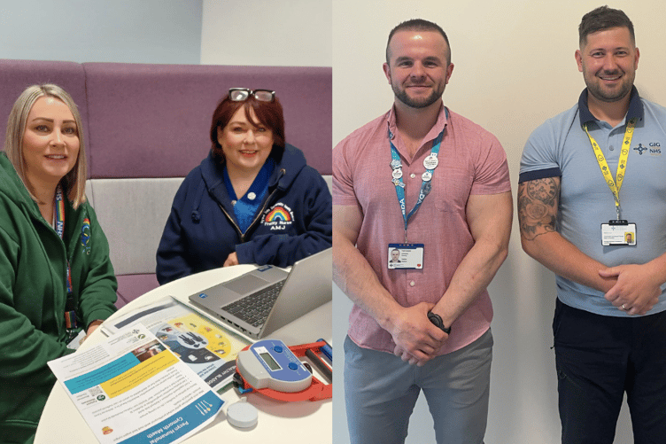 Ceri Evans, Frailty Assistant Practitioner; Ann-Marie John, Integrated Care Sister; Thomas Cooze, Dietitian; Gerallt Elias, Tesni Fakes and Emma Hughes, Therapy Assistant Practitioners
