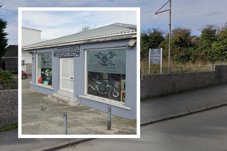 The entrance to the former Castle School site, Snowdrop Lane, Haverfordwest. Inset: The current Merlin Motorcycles site at Prendergast