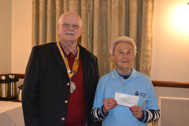 Eva Rich, on behalf of Guide Dogs for the Blind, thanked Tenby Rotary Club for their donation, which was presented at the Giltar Hotel by president Tom Cullen. Eva, who is waiting for a new dog to be delivered, said Guide Dogs cost a lot to train but they are invaluable in helping her maintain an independent life.
