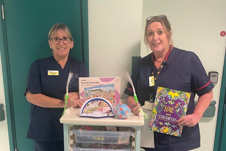 Tracey Sanders, Senior Sister and Jo Dyer, Senior Nurse Manager, with sensory items for ED dementia and Alzheimer’s patients at Withybush
