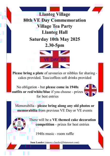 Poster for Llanteg Village 80th VE Day Tea Party