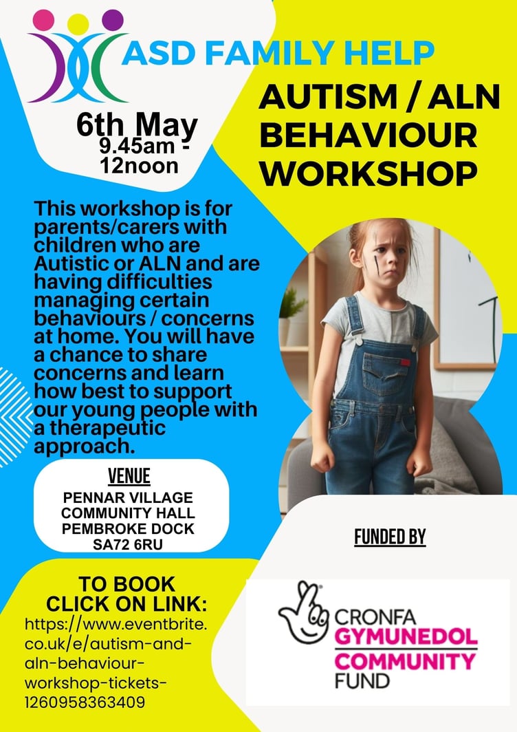 The Autism / ALN Behaviour Workshop will be held at Pennar Hall on May 6, 9.45am -12 noon