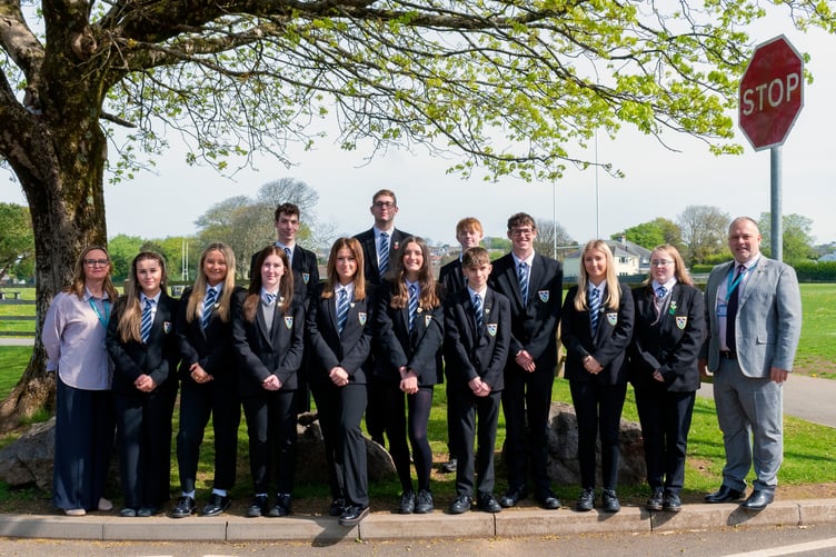 The newly elected Prefect Team 2025 - 2026 at Ysgol Greenhill, Tenby, including head prefects Jem Barker and Poppy Evans, and deputy head prefects Libby Diment and Isaac Noyce.