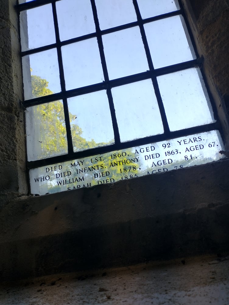 The dedication at the base of the window in St Anne’s Chapel