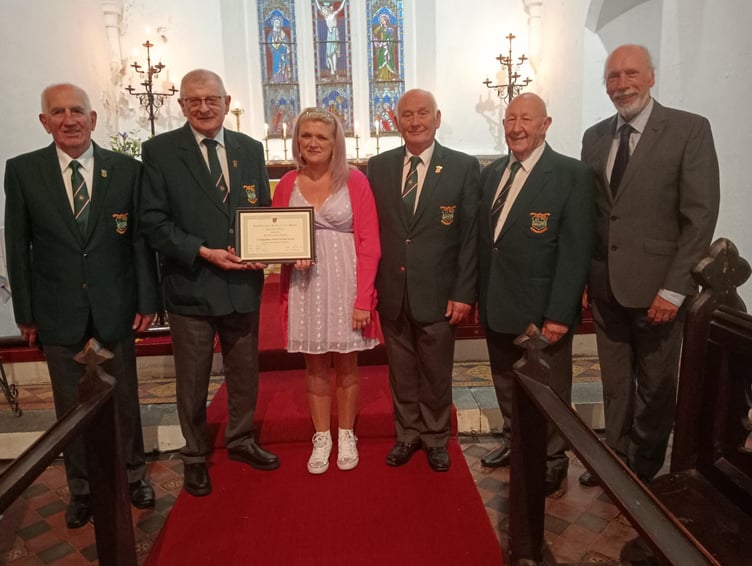Pictured in St Mary’s Church, Angle, are Male Voice chairman Huw Morgan, 50-year chorister Winston Owens, soloist Mirelle Ryan, stage manager David Halsted, secretary David Powell and accompanist Rev’d William Lambert