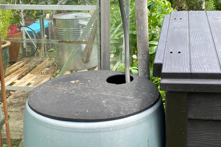 Water butt by greenhouse and compost bin in garden or allotment