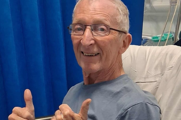 A thumbs-up from Grahame after being admitted to hospital at Haverfordwest
