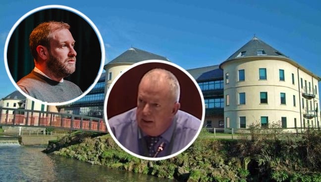 Cllrs Paul Miller, Jon Harvey, backdrop County Hall Pembrokeshire