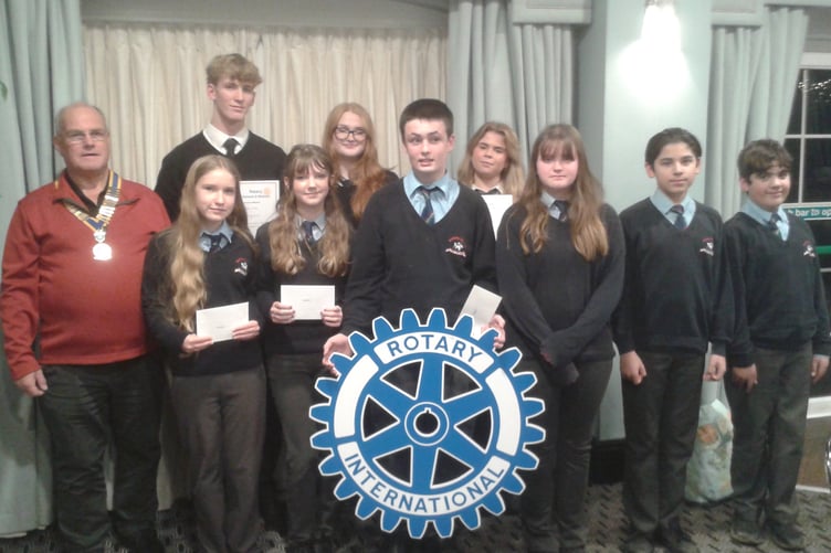 All participants in the first round of the Youth Speaks competition, pictured with the President of Narberth & Whitland Rotary, Robin Bradbury