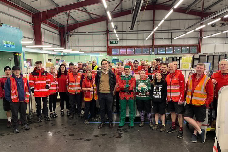 Henry Tufnell with posties at Haverfordwest Sorting Office