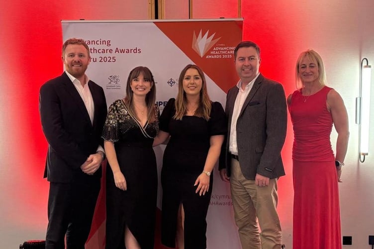 MEET THE TEAM: From left to right Mathew Banner, Advanced Practitioner in Arrhythmia Community Cardiology Arrhythmia Team, HDUHB; Carly Tucker-Williams, Project Manager Value Based Health Care, HDUHB; Ffion Lloyd-Thomas, Podiatrist, HDUHB; Christian Newman, Deputy Head of Value Based Health Care, HDUHB and Jane Lewis (Cardiff Met).