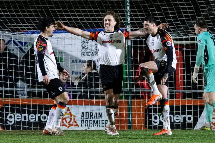 BRITON FERRY, WALES - 6TH FEBRUARY 2026: 
Ben Ahmun of Haverfordwest County celebrates scoring his sides second goal.
Briton Ferry Llansawel v Haverfordwest County in the JD Cymru Premier at Old Road on the 6th February 2026. (Pic by Lewis Mitchell/FAW)