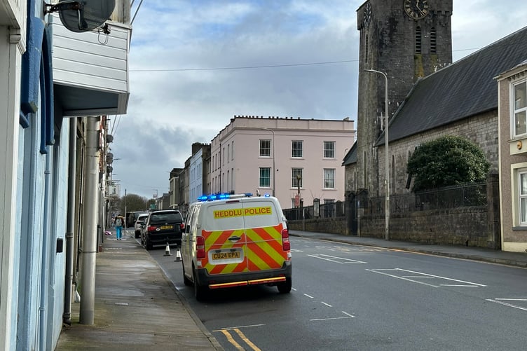 Police vehicle on standby in Pembroke Dock, February 13