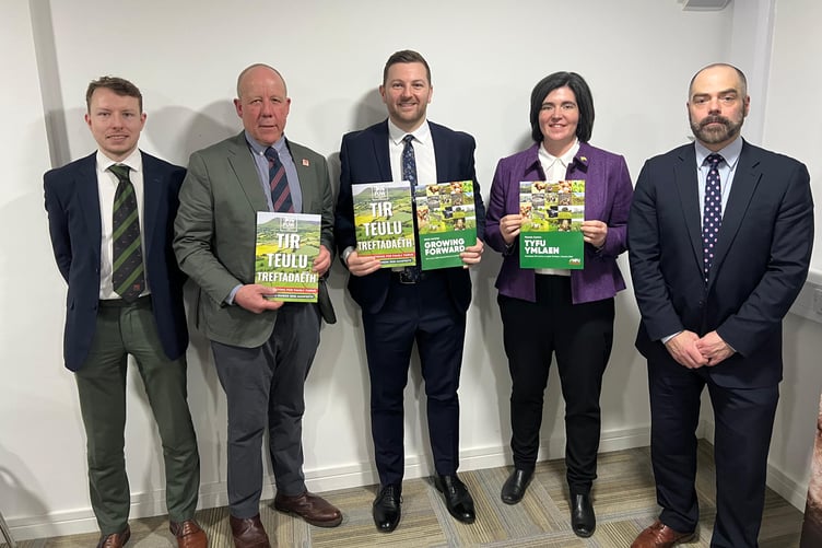 Pictured at the Welsh Conservative Conference are Gareth Parry, FUW Head of Policy; Ian Rickman, FUW President; Sam Kurtz MS; Abi Reader, NFU Cymru President; Huw Thomas, NFU Cymru Political Adviser.