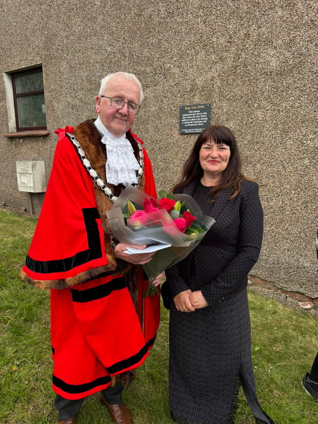 Pembroke Dock Mayor Cllr Tony Wilcox has paid tribute to outgoing Mayor Cllr Michele Wiggins, saying: “It has been an honour to work with you over the last 12 months. Your dedication to the role has been outstanding and will be a hard act to follow. You have certainly done Pembroke Dock proud.”
Cllr Wiggins responded: “It has been an absolute privilege to represent my town.” She has also been thanked by the Paul Sartori Foundation for highlighting and fundraising for the charity.