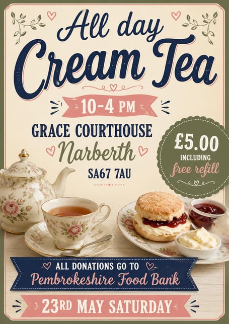 Saturday, May 23: An all day Cream Tea at Grace Courthouse, Narberth in aid of Pembrokeshire Food Bank