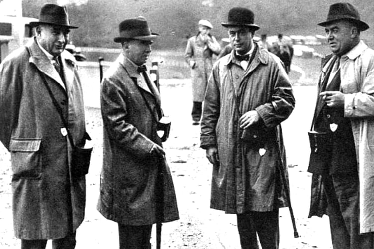 Tenby trainer David Harrison (left) pictured at Chepstow racecourse in the 1930s with three of the Anthony brothers from Kidwelly, racehorse trainers who started their riding careers at the Tenby stables