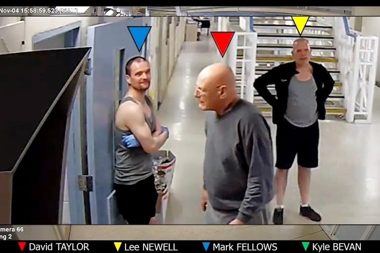 Lee Newell, 57, Mark Fellows, 47, and David Taylor, 64, are seen laughing and joking with each other before the attack. // This is the shocking moment three prisoners rush a child killer's cell where they murder him in cold blood. CCTV footage shows Lee Newell, 57, Mark Fellows, 47, and David Taylor, 64, can be seen laughing and joking with each other around 4pm on November 4 2025, inside HMP Wakefield while they stalk their victim, Kyle Bevan, 33. Then an hour and forty-five minutes later, they spot child murderer Bevan and casually follow him towards his cell on the fourth floor of the prison. Bevan was serving a life sentence with a minimum tariff of 28 years for murdering his partners two-year-old daughter, Lola James, in Haverfordwest, Pembrokeshire, in 2020. Chilling CCTV video then shows Newell stood outside his cell door before he rushes inside followed by Fellows and Taylor. Taylor can been pulling an item from his waistband upon entry. While inside the trio brutally attacked Bevan with makeshift weapons including a piece of metal taken from the back of a television and fashioned into a blade, a court heard. Over a four minutes and 39 second period Bevan was stabbed more than 25 times to the neck, a crown court heard. After they killed him the men positioned his body to make it look like he was asleep. Bevan was not discovered until the following morning when prison staff were tipped off by an inmate. Further injuries were caused with another weapon while evidence showed that his heart and blood vessels were damaged and that he died from blood loss, a court was told. Yesterday (June 18), all three men were found guilty of murdering Bevan by jurors at Leeds Crown Court.