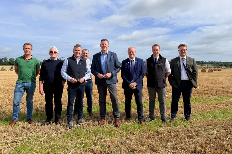 Pictured at the NFU Cymru Welsh Farming Week MS engagement event in Castellior are (L-R): Richard Rogers, host farmers Wyn and Dylan Jones, Elwyn Evans, First Minister Rhun ap Iorwerth, NFU Cymru Deputy President Paul Williams, NFU Cymru County Adviser Ilan Jones and NFU Cymru Policy Adviser Joe Rees Jones